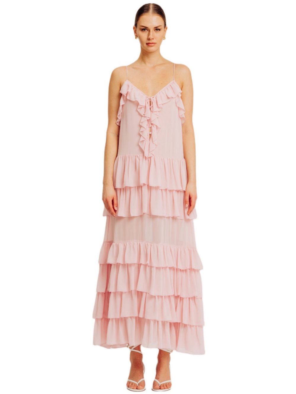 Torn by Ronny Kobo Orcadia Light Pink Ruffle Tiered Maxi Dress Sz L new